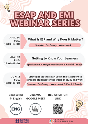 國立中興大學EMI教學資源中心、英國文化協會1142學期3場ESAP與EMI研習資訊圖片
