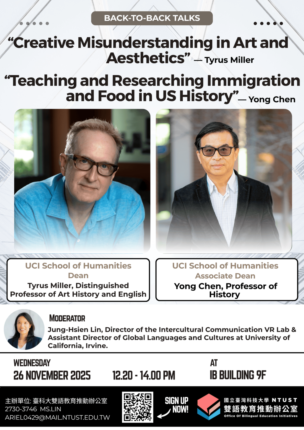 國立臺灣科技大學雙語教育推動辦公室1141學期【UC Irvine Humanities Talk Series】人文領域講座相關資訊圖片