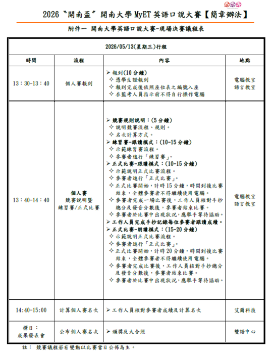 【竸賽】114學年度二學期開南大學MyET英語口說大賽決賽公告圖片
