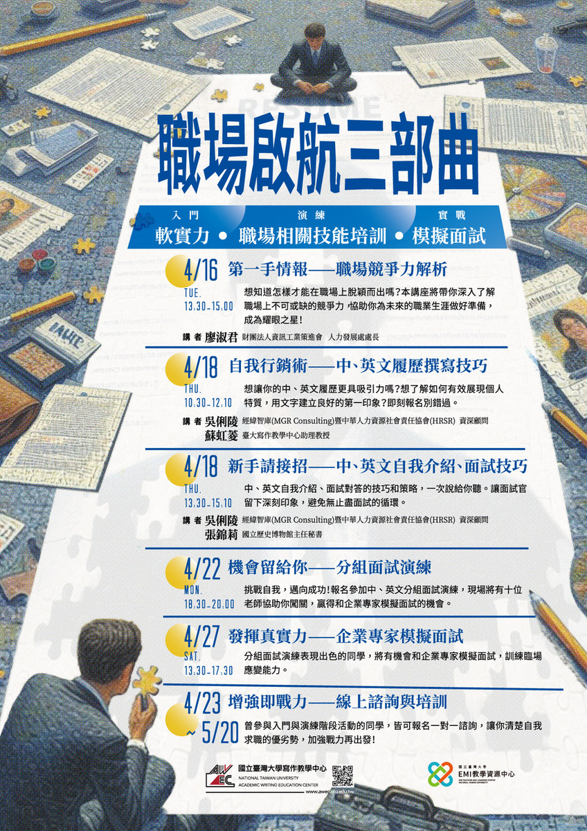國立臺灣大學EMI教學資源中心「職場啟航三部曲」圖片