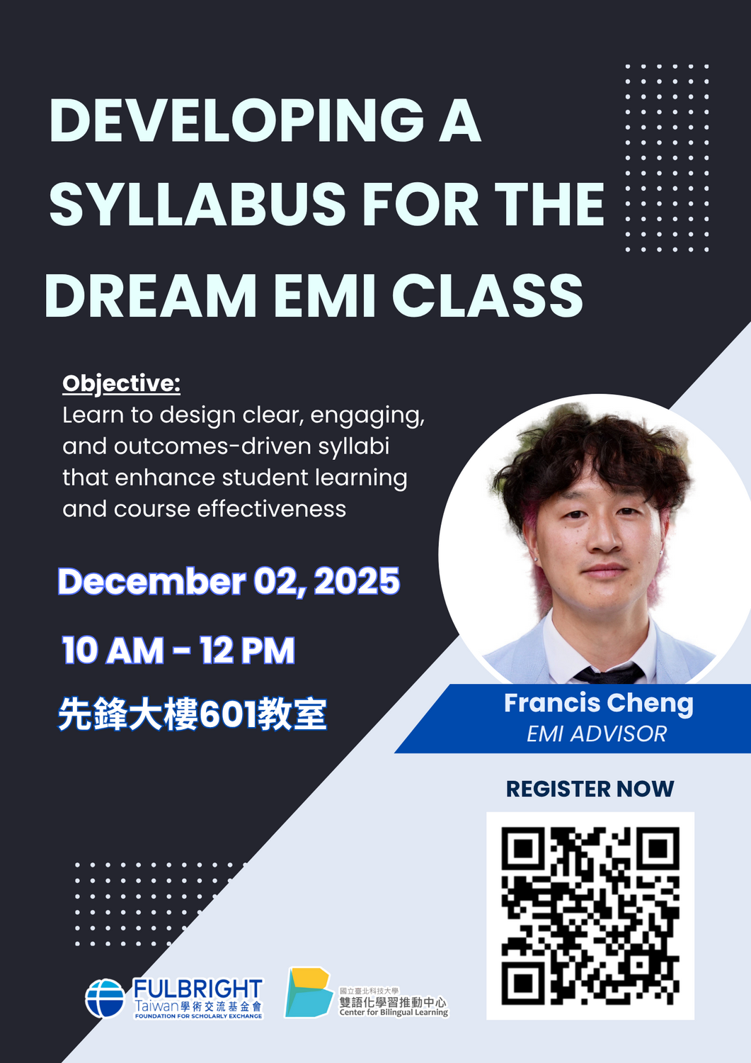 國立臺北科技大學雙語化學習推動中心1141學期Fulbright EMI workshop: Developing Syllabus for the Dream EMI Class圖片
